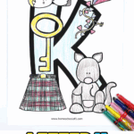 Free printable letter K coloring page featuring kite, key, kilt, kiss, and kangaroo with crayons for preschoolers