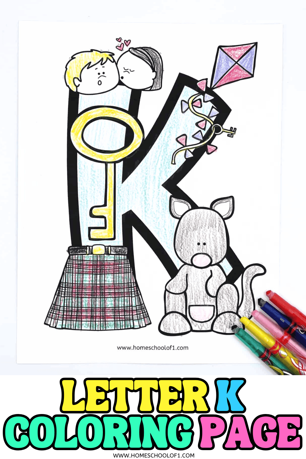 Free printable letter K coloring page featuring kite, key, kilt, kiss, and kangaroo with crayons for preschoolers