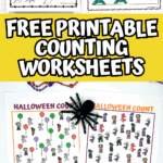 Free printable counting worksheets with seasonal and themed designs like ladybugs, turtles, Halloween, butterflies, reindeer, and Thanksgiving.
