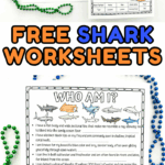 Printable shark worksheets for kids showing black-and-white and colored shark identification activity pages