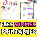 Vibrant layout of various summer printables for kids, including a color-by-number sea scene, scavenger hunt checklist, word scramble with colorful answers, writing prompts, and interactive games like summer bingo and I Spy. Big yellow banner reads “FREE SUMMER PRINTABLES” in bold, playful fonts.