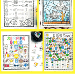 Collage of four colorful printable summer activities for kids, including a summer scavenger hunt, color-by-number featuring fish and coral, a summer bingo board with illustrated icons like beach balls and sunglasses, and an “I Spy” summer game filled with seasonal objects to count. Bold text at the bottom reads “41+ FREE SUMMER PRINTABLES”.