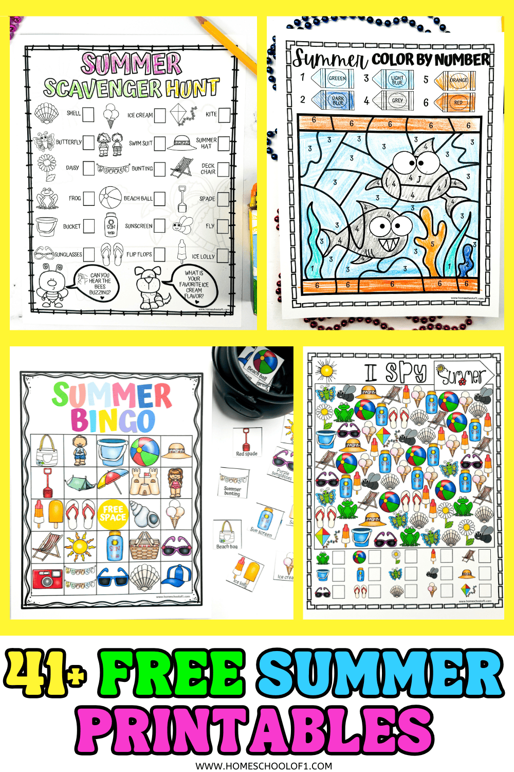 Collage of four colorful printable summer activities for kids, including a summer scavenger hunt, color-by-number featuring fish and coral, a summer bingo board with illustrated icons like beach balls and sunglasses, and an “I Spy” summer game filled with seasonal objects to count. Bold text at the bottom reads “41+ FREE SUMMER PRINTABLES”.


