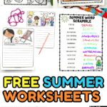 Bright collage of printable summer worksheets for children, featuring a scavenger hunt, color-by-number with sea creatures, writing prompts about summer, a word scramble with summer terms, and two activity sheets—“I Spy Summer” and summer-themed bingo. The title says “FREE SUMMER WORKSHEETS” in bold blue and orange.