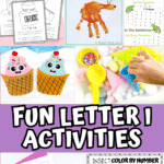 Colorful preschool letter I printables with ice cream alphabet games, color by number insects, and letter tracing activities.