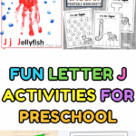 Fun letter J activities for preschool featuring handprint jellyfish, jaguar printables, a juice-themed craft, and a color-by-letter worksheet with crayons.