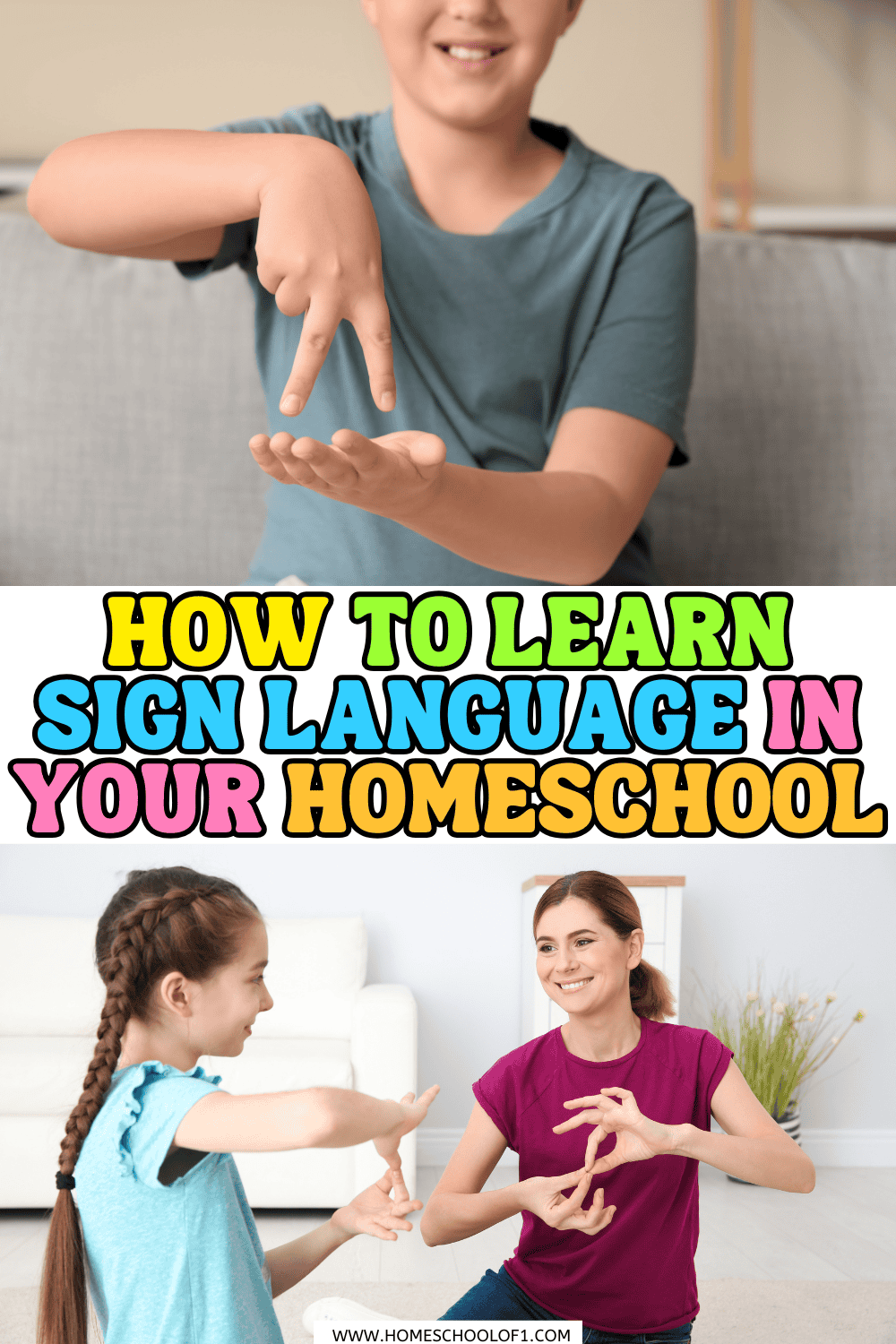 Boy and mom using American Sign Language at home while smiling and practicing together — homeschool ASL learning activity.