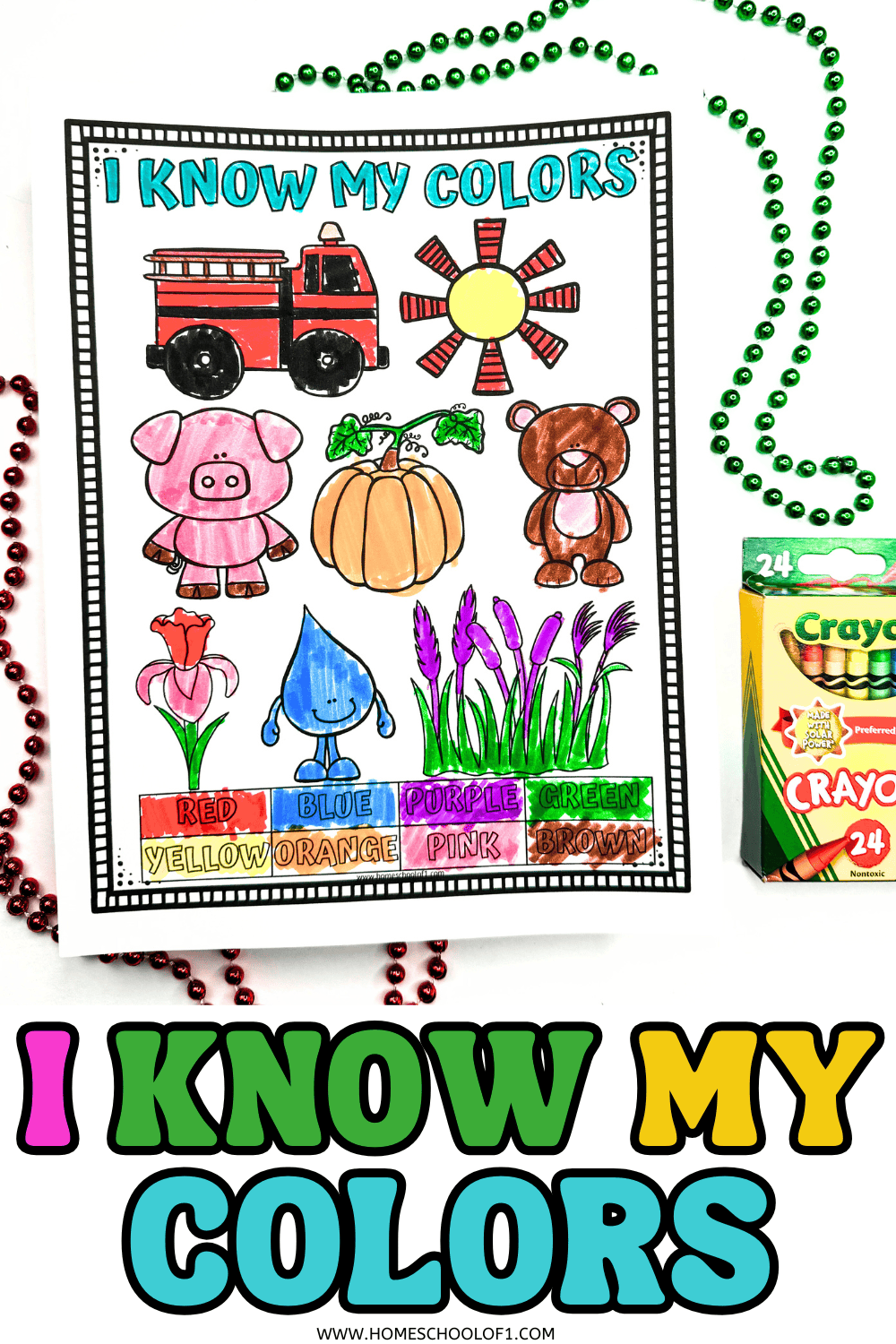 Completed “I Know My Colors” worksheet with colored illustrations of a fire truck, sun, pig, pumpkin, bear, and labeled color boxes.