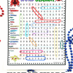 Colorful insect-themed word search puzzle for kids with 20 insect names listed on the left, including spider, butterfly, ant, ladybug, and mosquito. Several words are circled in various colors within the puzzle grid, and the title "Insects Word Search" is written in bold red and green letters at the top, flanked by cartoon ladybugs.