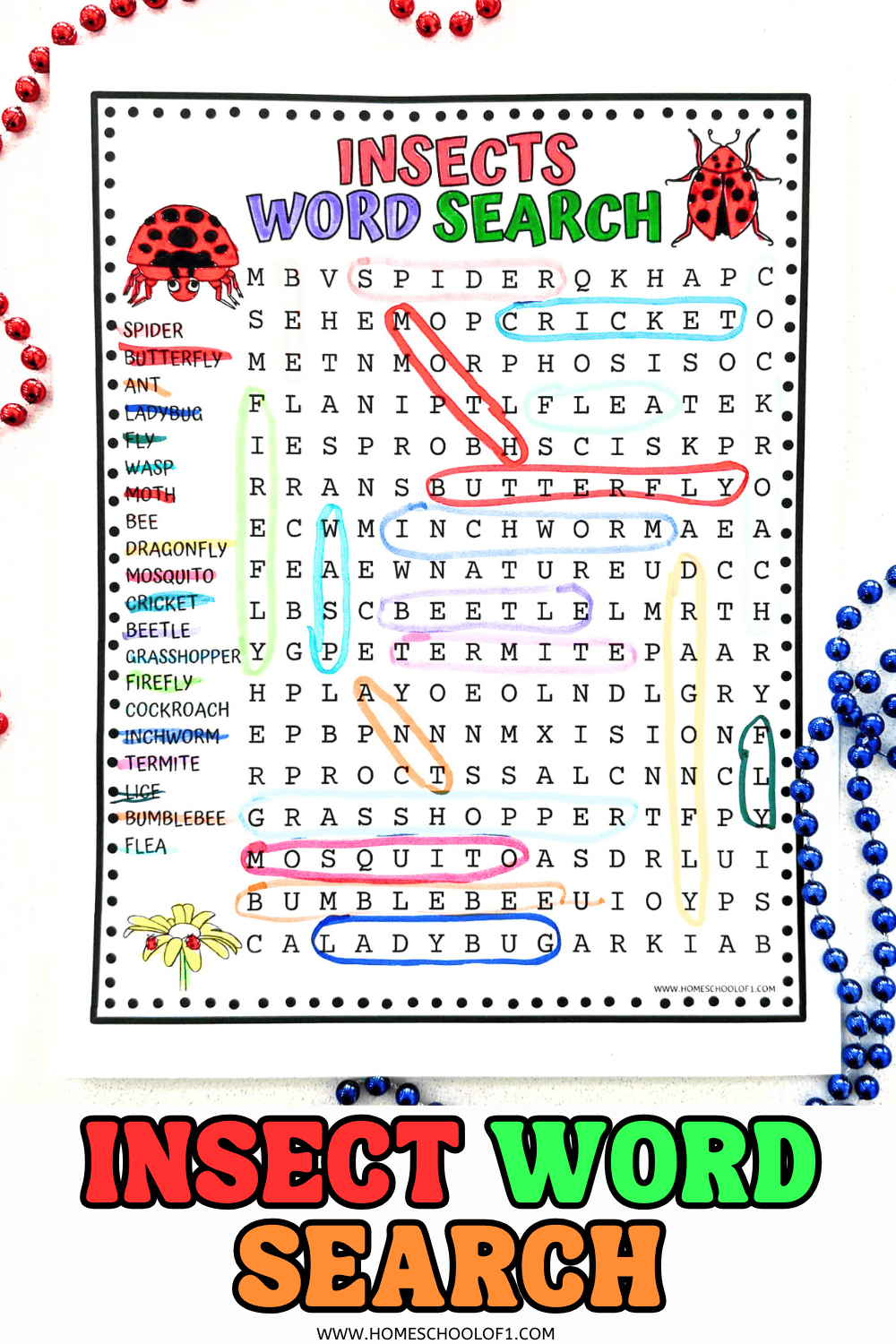Colorful insect-themed word search puzzle for kids with 20 insect names listed on the left, including spider, butterfly, ant, ladybug, and mosquito. Several words are circled in various colors within the puzzle grid, and the title "Insects Word Search" is written in bold red and green letters at the top, flanked by cartoon ladybugs.