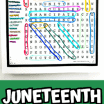 Printable Juneteenth word search featuring terms related to celebration and resilience, with words such as "equality," "hope," "victory," and "emancipate" highlighted. Green banner at the bottom displays “Juneteenth Word Search Free Printable” in bold, playful font.