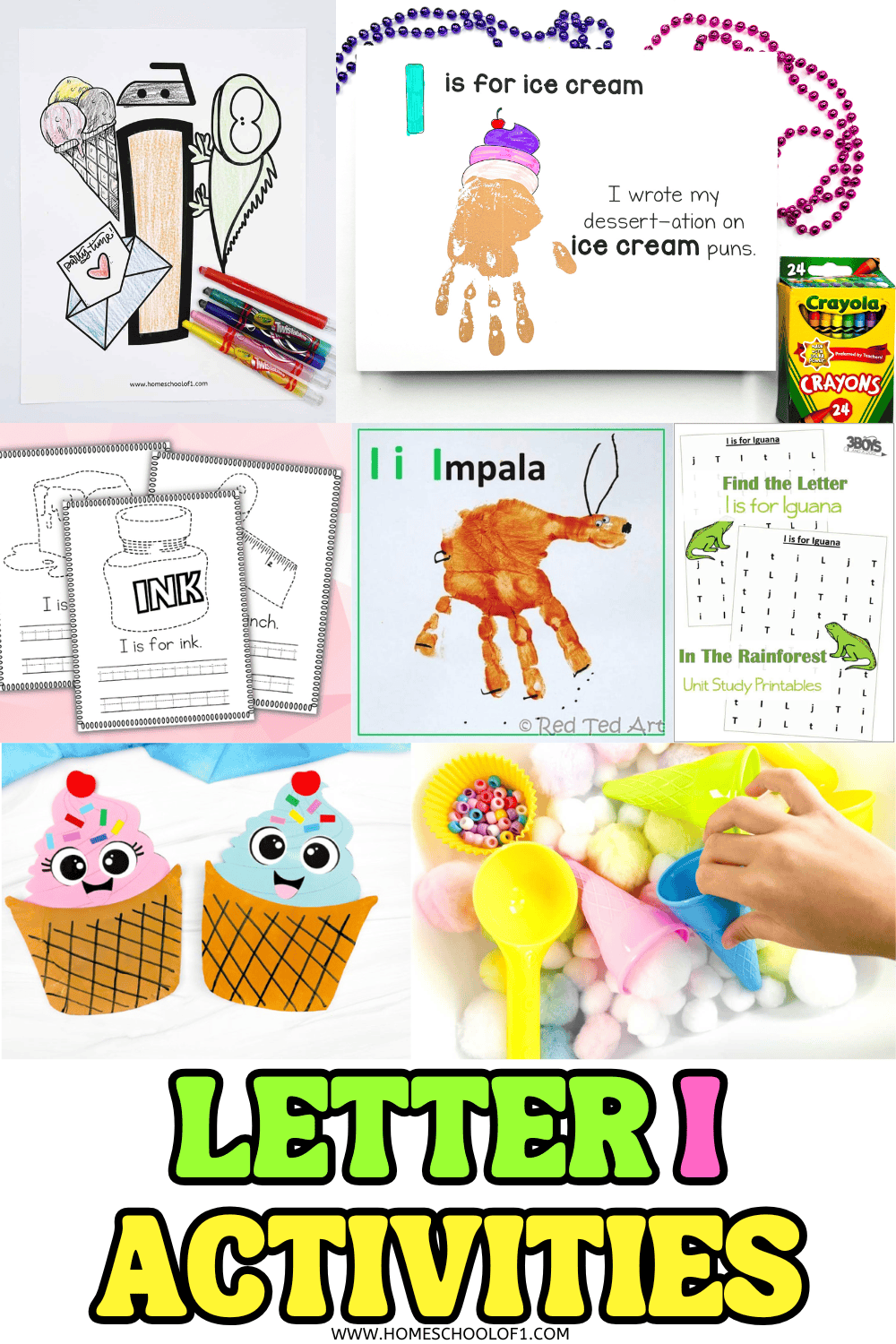 Hands-on letter I activities for preschool with worksheets, crafts, coloring, and sensory bins focused on the letter I.