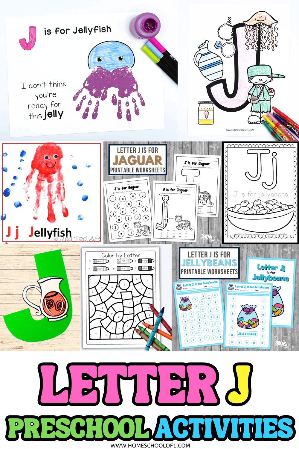Collage of letter J preschool activities including jellyfish handprint crafts, jaguar worksheets, jellybean coloring pages, and a color-by-letter printable.

