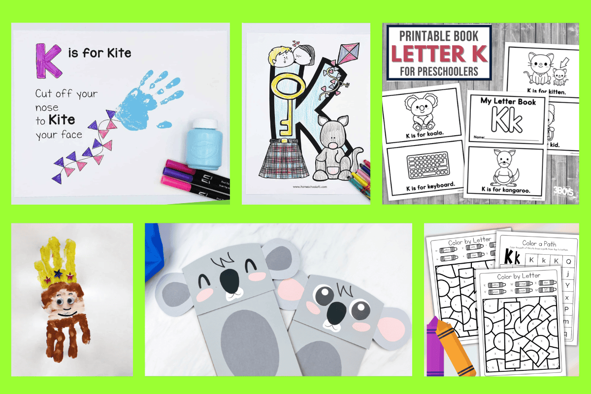 Colorful collage of letter K activities for preschool, including a kite handprint craft, koala paper bag puppet, king crown handprint, and printable alphabet worksheets.