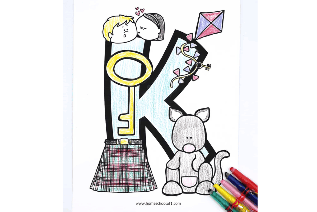 Colored letter K coloring page with key, kite, kilt, kangaroo, and kiss illustrations for preschool alphabet learning