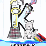 Letter K coloring sheet for kids with fun K-themed images including a kite, key, kangaroo, kiss, and kilt