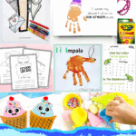 Preschool letter I crafts and worksheets featuring ice cream cones, handprint art, impala craft, and sensory bin activities.