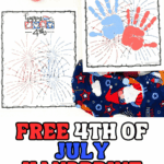 Free 4th of July handprint printables featuring fireworks designs and red and blue handprints for patriotic kids crafts.