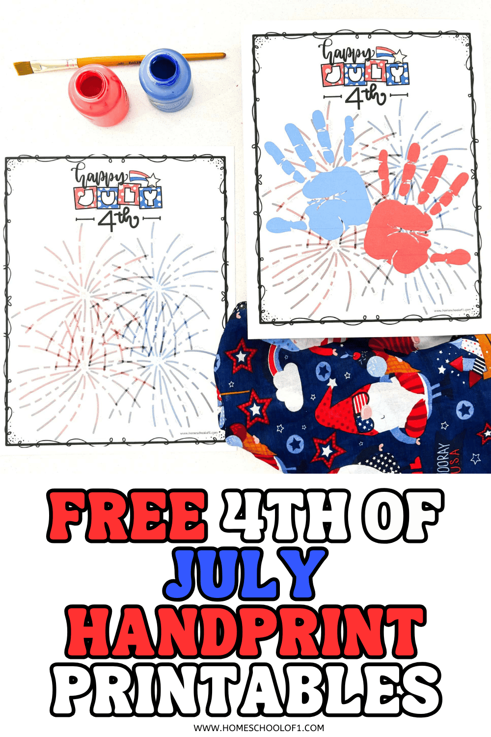 Free 4th of July handprint printables featuring fireworks designs and red and blue handprints for patriotic kids crafts.