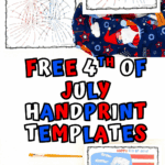 Printable 4th of July handprint templates with flag and fireworks designs for preschool and elementary craft projects.