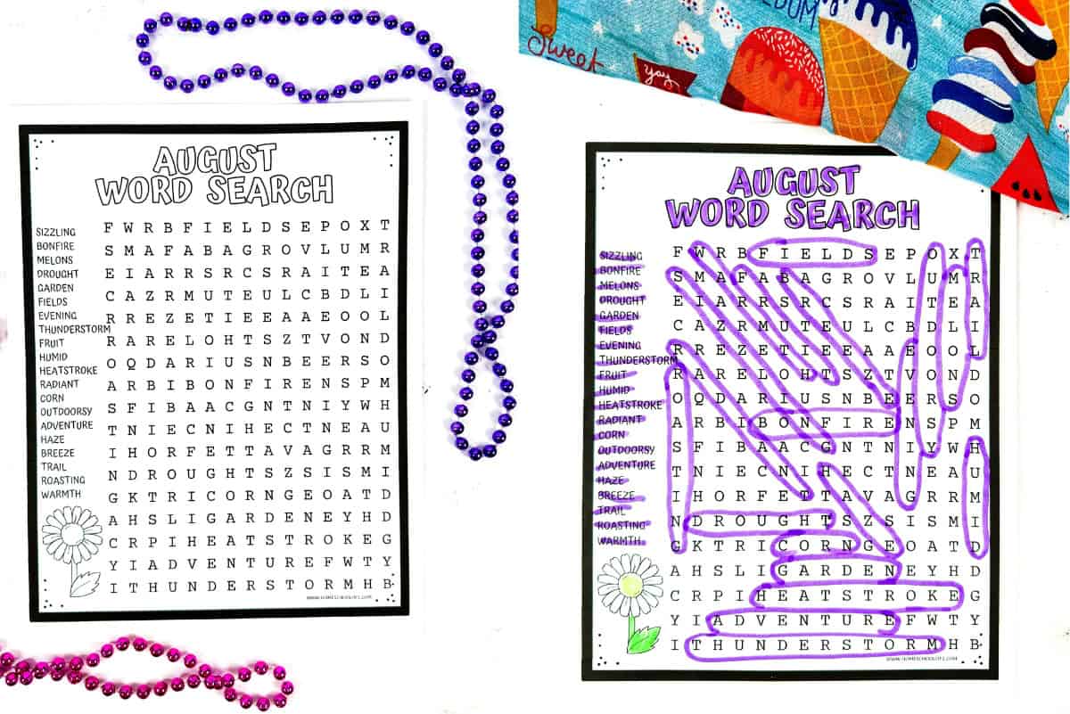 Two versions of an August-themed word search. The words to find include summer-related terms like "sizzling", "bonfire", "melons", and "thunderstorm". One puzzle is partially solved with words circled in purple.