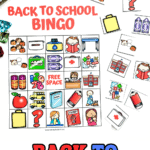 Back to school bingo game with printable card and scattered icons like pencils, backpacks, and school buildings.