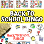 Printable back to school bingo sheets and calling cards featuring school-themed icons for fun classroom activities.