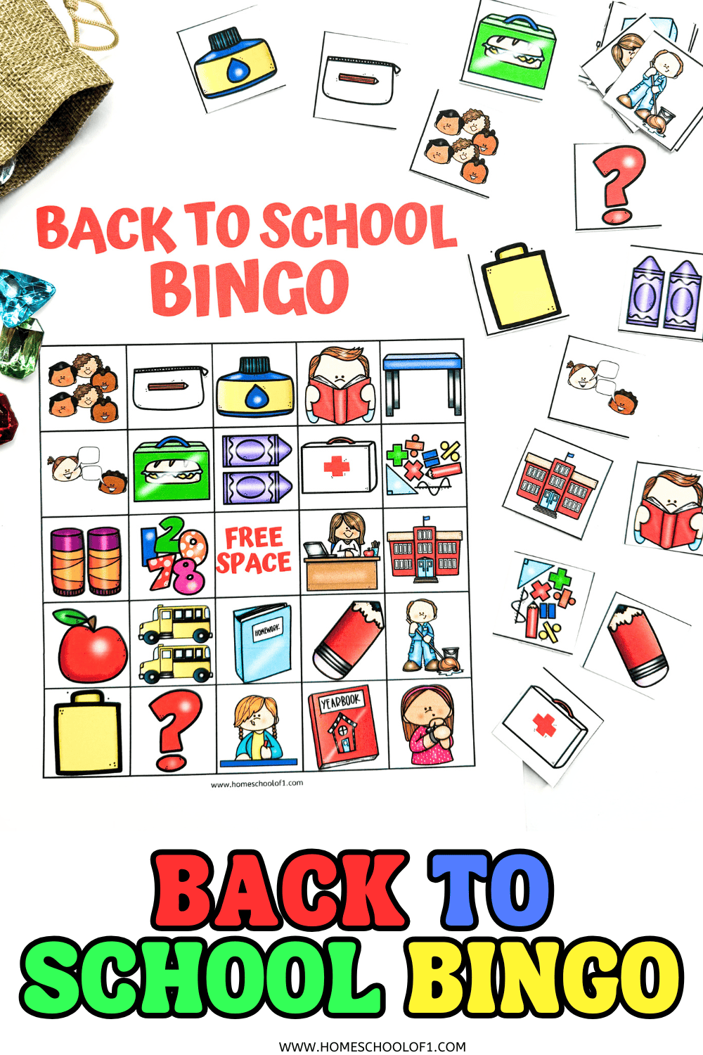 Back to school bingo game with printable card and scattered icons like pencils, backpacks, and school buildings.