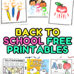 Back to school printables featuring preschool crafts, scavenger hunt, coloring, word scramble, and activity sheets.