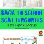 Four scattergories game boards with the titles "PLAY", "STAR", "READ", and "MATH". Each board has categories such as school subject, sports, classmate's name, and more, with a colorful crayon illustration.