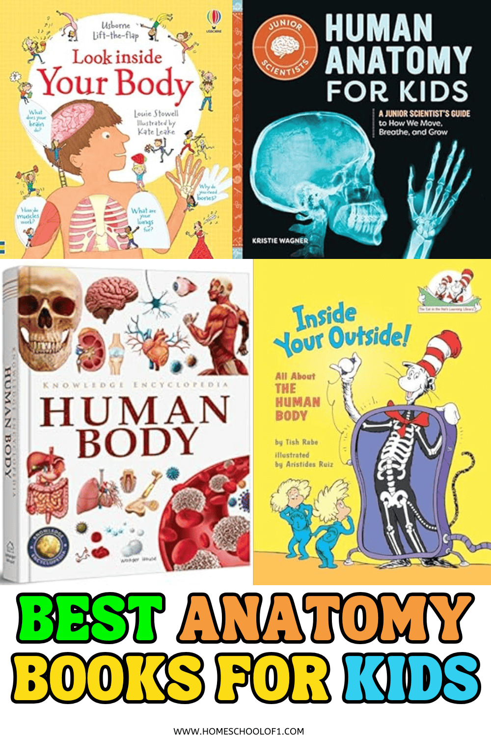Collage of children’s anatomy book covers under the title “Best Anatomy Books for Kids” in bold green, orange, yellow, and blue letters. Featured books include Look Inside Your Body by Louie Stowell, Human Anatomy for Kids by Kristie Wagner, Knowledge Encyclopedia Human Body by DK, and Inside Your Outside! by Tish Rabe, illustrated in Dr. Seuss style. Covers show illustrations of organs, x-rays, muscles, and curious kids learning about the human body.
