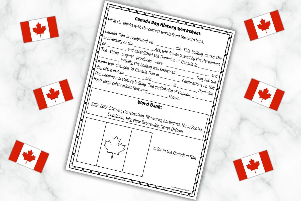 Canada Day history worksheet with a fill-in-the-blank activity. The worksheet includes a word bank with terms like '1867', '1982', 'Ottawa', 'Constitution', 'fireworks', 'barbecues', 'Nova Scotia', 'Dominion', 'July', 'New Brunswick', and 'Great Britain'. Canadian flags are placed around the worksheet.