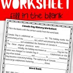 A Canada Day worksheet with the title 'Canada Day Worksheet - Fill in the Blank'. The worksheet contains a history fill-in-the-blank activity about Canada Day, a word bank, and an illustration of the Canadian flag to color in.