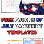 Two Fourth of July handprint art templates with fireworks, paint, and brushes for patriotic kids craft activities.