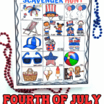 Colorful 4th of July scavenger hunt printable featuring icons like fireworks, Uncle Sam's hat, American flags, patriotic clothes, ice cream, and a beach ball, surrounded by red and blue beaded necklaces.