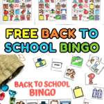 Free printable back to school bingo cards with colorful icons like apples, books, buses, and school supplies.