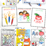 Colorful free back-to-school printables including scavenger hunt, handprint crafts, and alphabet tracing for kids.
