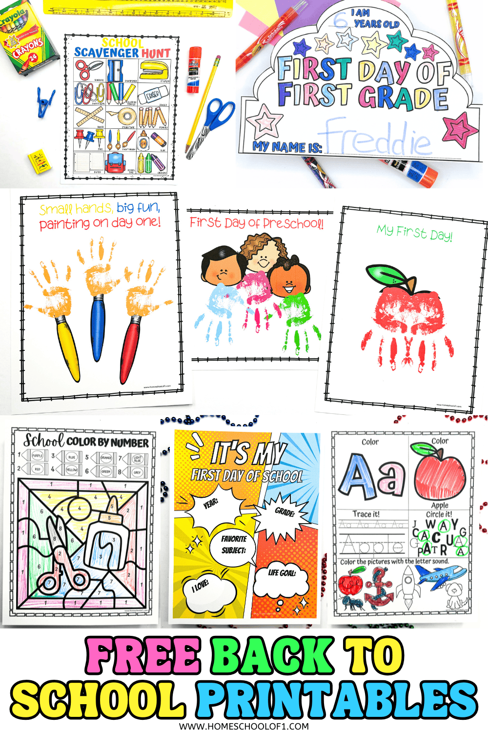 Colorful free back-to-school printables including scavenger hunt, handprint crafts, and alphabet tracing for kids.