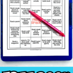 Printable book bingo card for a fun reading challenge, encouraging kids to explore different genres and reading formats over the summer.