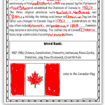 A Canada Day history worksheet for kids featuring fill-in-the-blank questions about Canada's history, with handwritten answers filled in red ink. Key answers include 'July,' 'Constitution,' 'Great Britain,' '1867,' 'Nova Scotia,' 'New Brunswick,' 'Ottawa,' 'Dominion,' '1982,' 'fireworks,' and 'barbecues.' Below the questions, the Canadian flag is colored with red on the sides and a red maple leaf in the center. The worksheet is labeled as a 'Free Canada Day Worksheet'