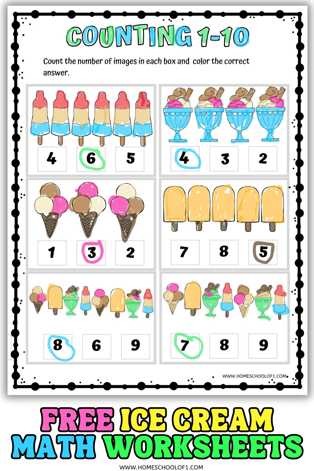 Preschool math worksheet with illustrated ice cream treats used to teach counting skills; kids select and circle the correct number below each group.