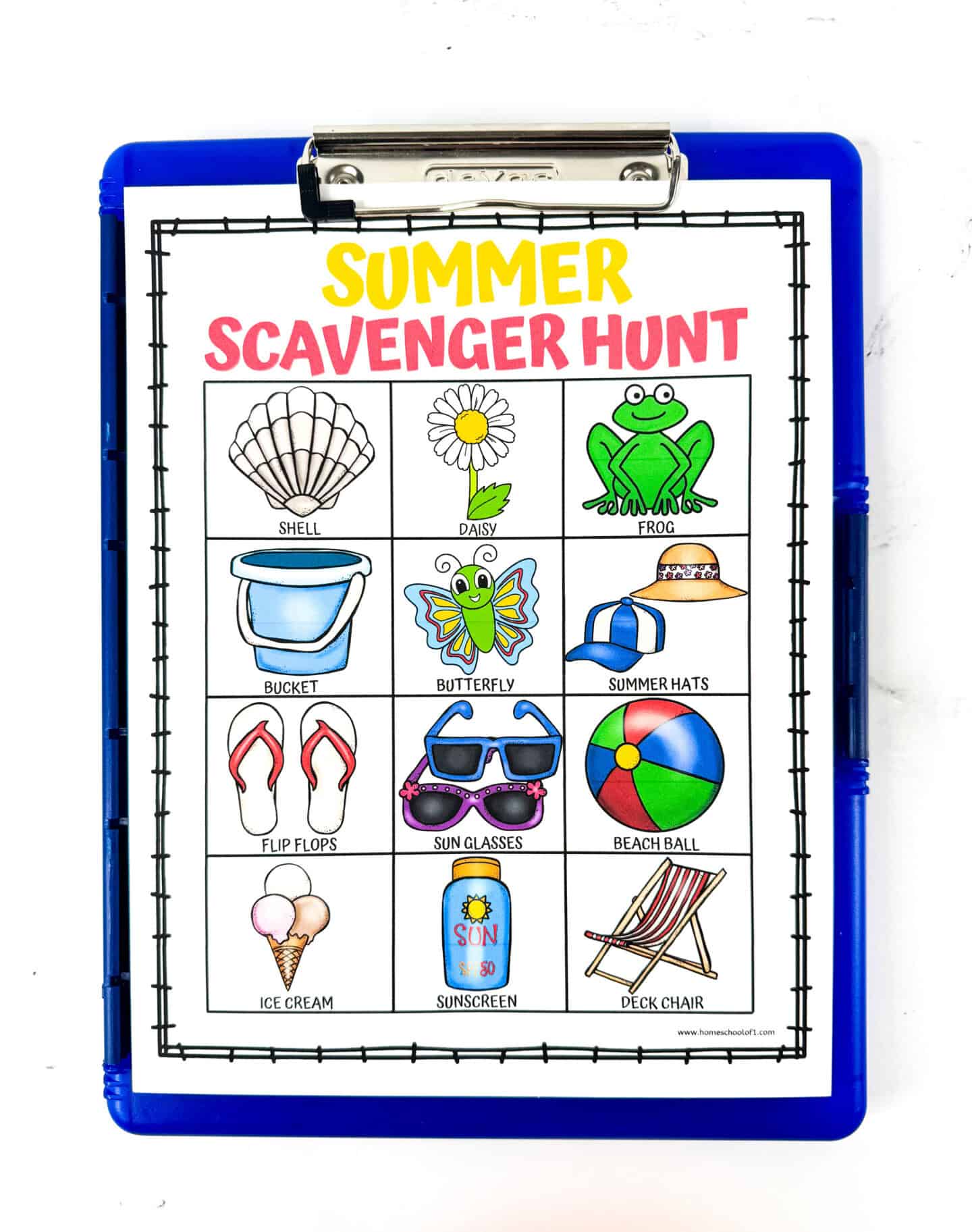 A colorful, grid-style summer scavenger hunt printable on a blue clipboard, with twelve bright icons including a butterfly, sunscreen, flip flops, and beach ball. The top header reads “Summer Scavenger Hunt” in bold yellow and red letters.