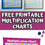 Free printable multiplication charts in gray, pink, blue, and pastel designs for kids' math practice.