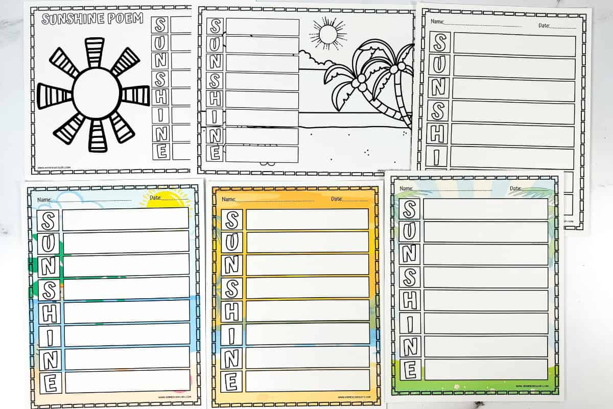 Six printable summer acrostic poem worksheets for kids, featuring the word 'SUNSHINE' in vertical format, with options to color and write on beach, sun, and blank-themed pages.