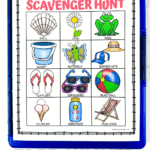 A brightly colored summer scavenger hunt bingo-style sheet clipped to a blue clipboard, with a grid of 12 summer icons like a shell, daisy, butterfly, flip flops, and deck chair. Bold header says “Summer Scavenger Hunt,” and the bottom promotes the activity as free.