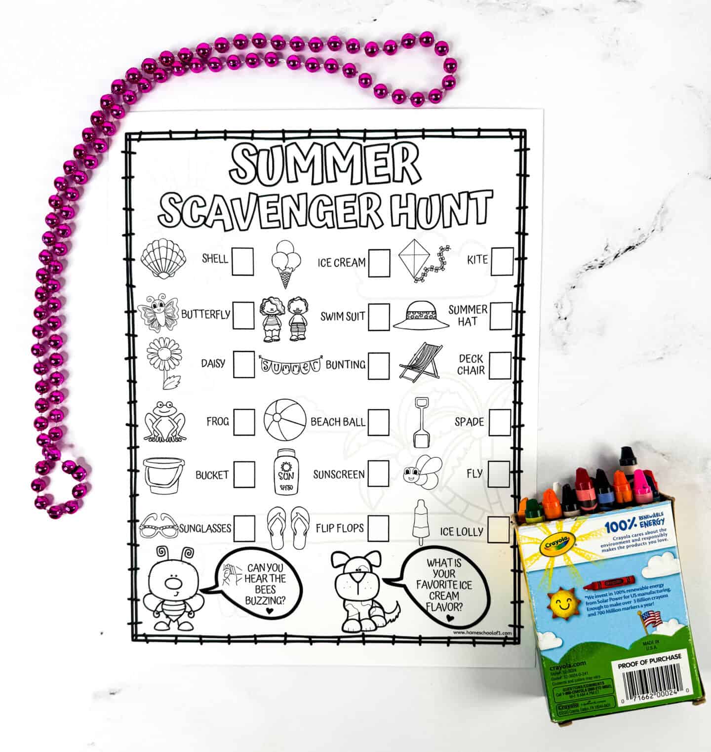 this black-and-white scavenger hunt checklist includes cute cartoon illustrations of 16 summer items, bordered by a pink beaded necklace and a box of crayons. The title "Summer Scavenger Hunt" is outlined in bubble letters ready to be colored.