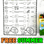 A black-and-white summer scavenger hunt checklist for kids featuring 16 summer-themed items like ice cream, beach ball, kite, and frog, with matching illustrations and checkboxes beside each. A cartoon bee and dog ask, “Can you hear the bees buzzing?” and “What’s your favorite ice cream flavor?”