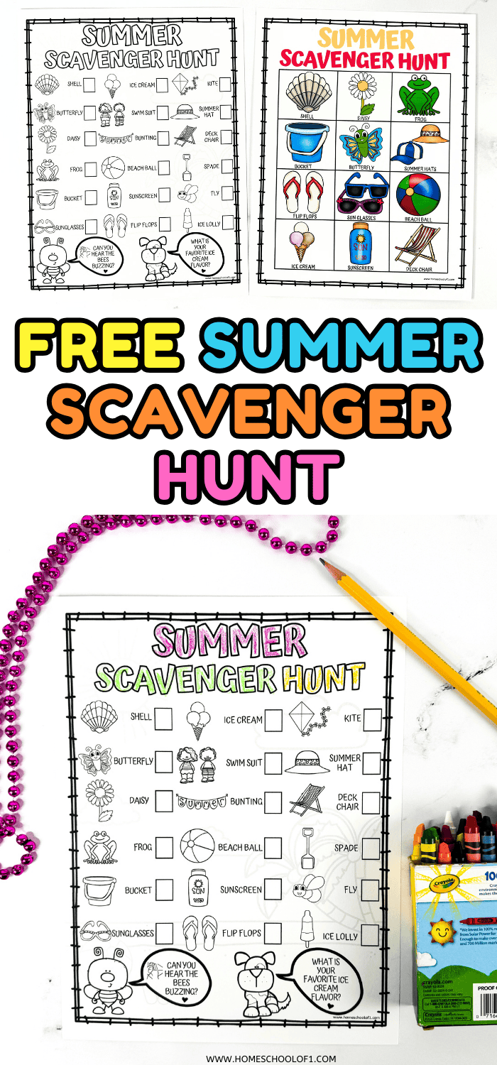 Side-by-side layout of two summer scavenger hunt printables — one is a detailed black-and-white checklist version, and the other is a full-color grid with 12 bright illustrations of summer items like flip flops, sunglasses, and sunscreen. Text at the bottom reads “FREE SUMMER SCAVENGER HUNT.”