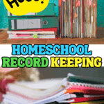 A stack of colorful homeschool binders and paper folders with sticky notes, under the bold heading "Homeschool Record Keeping" and a bright yellow bubble reading "How!"