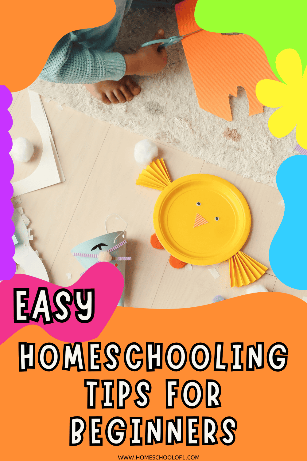 Child cutting orange paper next to a yellow paper plate chick craft with colorful decorations on a light wooden floor, surrounded by cotton balls and craft materials.
